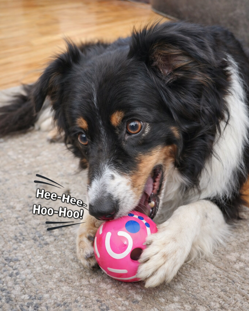 dog playing with ball, pink ball, sound ball that wiggles